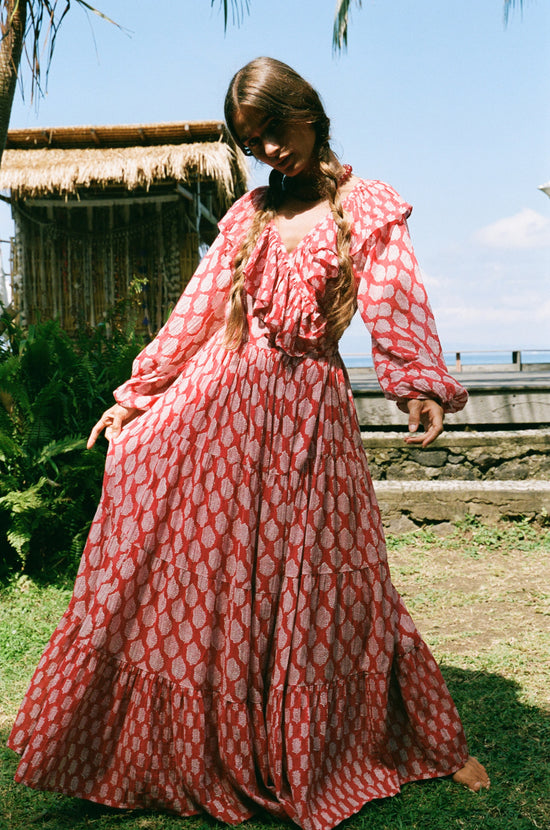 Pari Maxi Dress ~ Sangria | Ethereal Hand Block-Printed Ruffle Dress  DOI