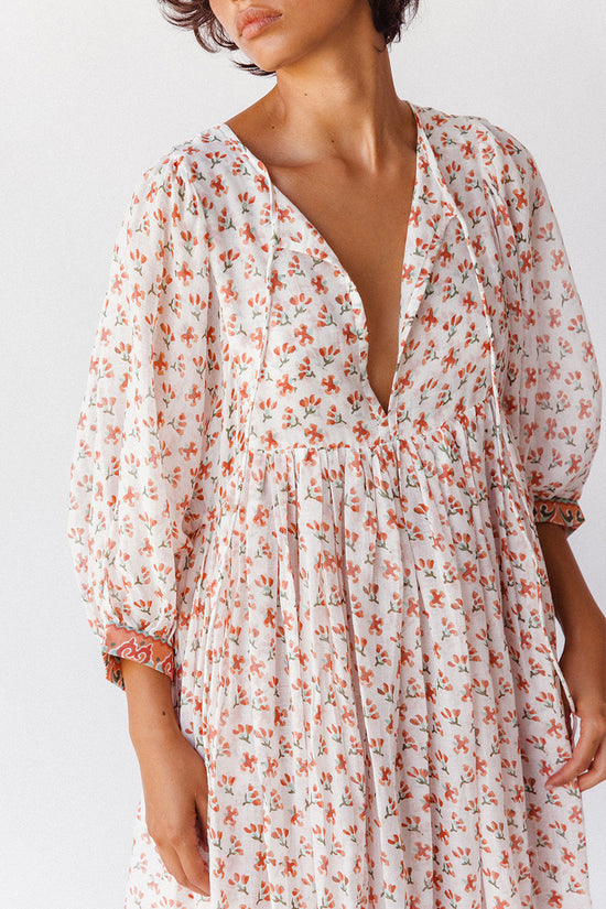 Daughters of India Kyra Maxi Dress in Coral — studio close-up V-neckline and gathered waist, coral floral block print