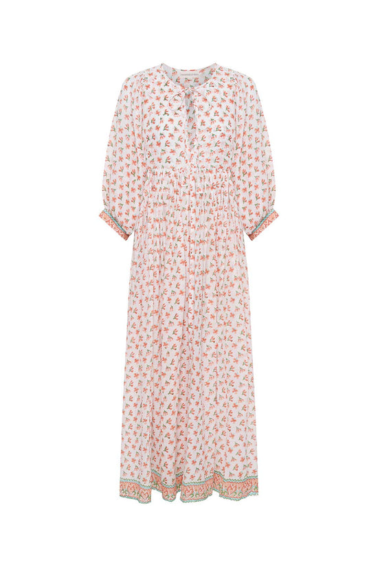 Daughters of India Kyra Maxi Dress in Coral — flat lay showing neckline tie, billowed sleeves, hand block print border hem