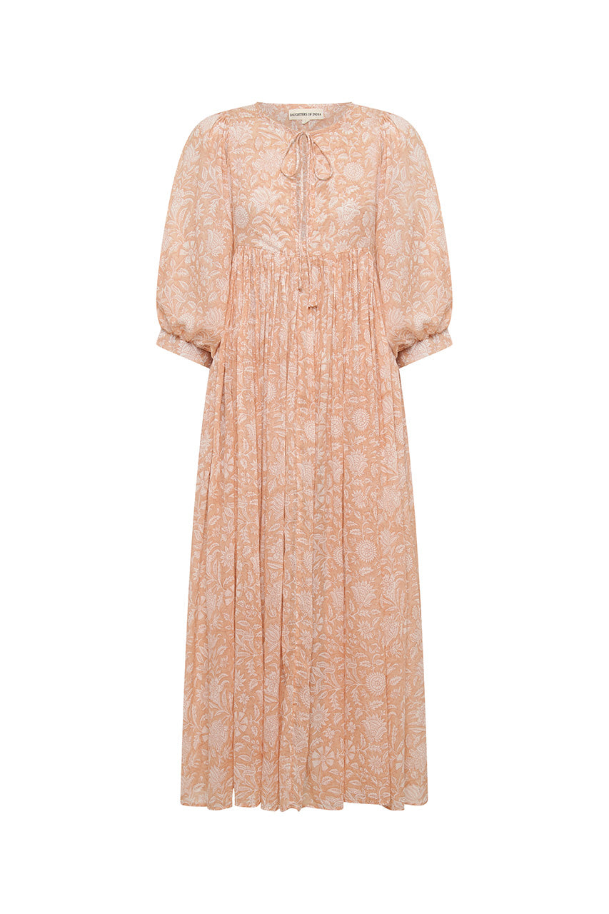 Daughters of India Kyra Midi Dress in Apricot Blush — flat lay showing neckline tie, billowed sleeves, hand screen print cotton