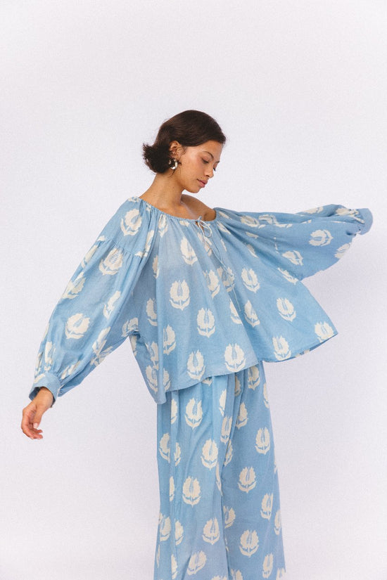 Ria Blouse Sky — close-up neckline and tie detail, adjustable neckline, sky blue floral hand block print cotton fabric, artisan handcrafted India | Daughters of India