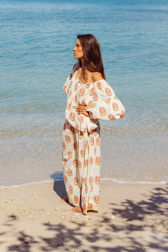 Ria Blouse Strawberry Cream — close-up neckline and tie detail, strawberry cream floral hand block print cotton fabric, artisan handcrafted India | Daughters of India