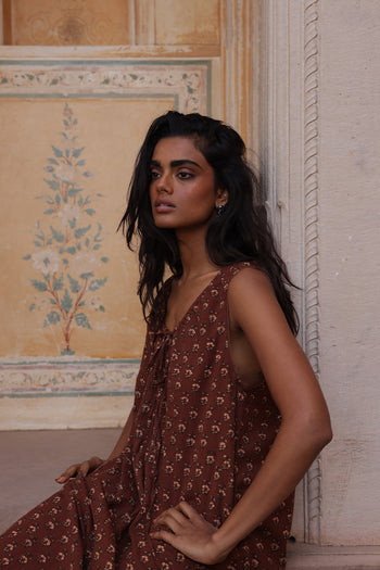 Sundress Midi Almond — studio back view, open back silhouette, tie-gather detail at neckline, warm almond tone hand block print cotton midi dress, artisan Jaipur India | Daughters of India